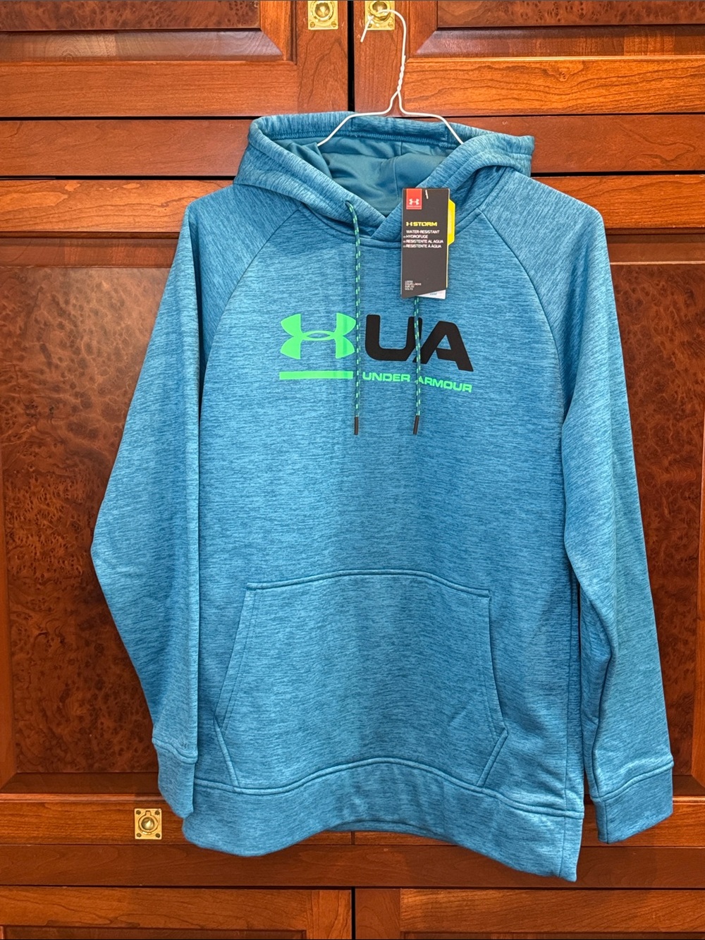 Under Armour Men’s S Teal Blue Heather Crewneck Hoodie with Green Logo NWT
